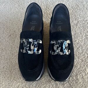 Platform Black Suede Loafers with Patterned Buckle